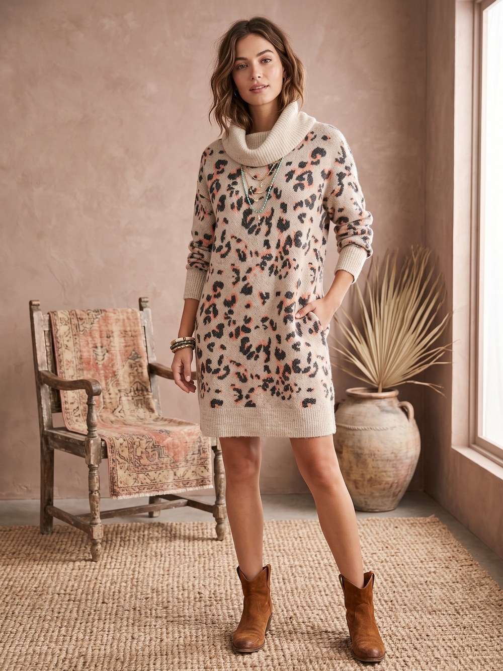 Anthropologie Wool Yak Blend Cowl Neck Leopard Knit Dress M